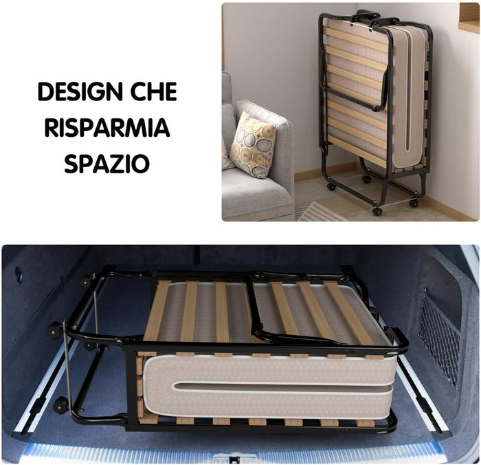 Letto Brandina Pieghevole, con Materasso in Memory Foam, Struttura Resistente e 4 Ruote Girevoli, Lettino Pieghevole, 200 x 80 x 40cm, Made in Italy (Beige)