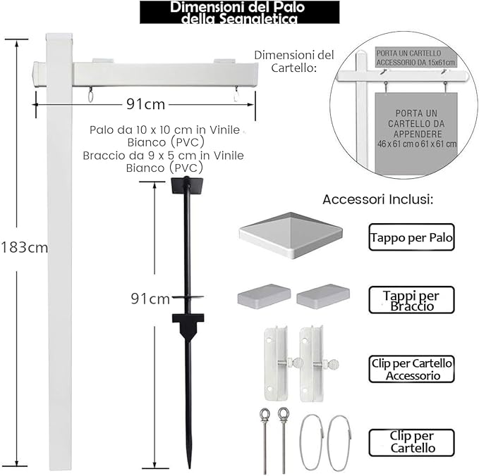 Palo per Cartelli Immobiliari da 183 cm, Palo per Cartelli di Vendita UPVC per Cartelli di Vendita Garage, in Affitto, Vendita Immobiliare, Braccio da 91 cm (Bianco)