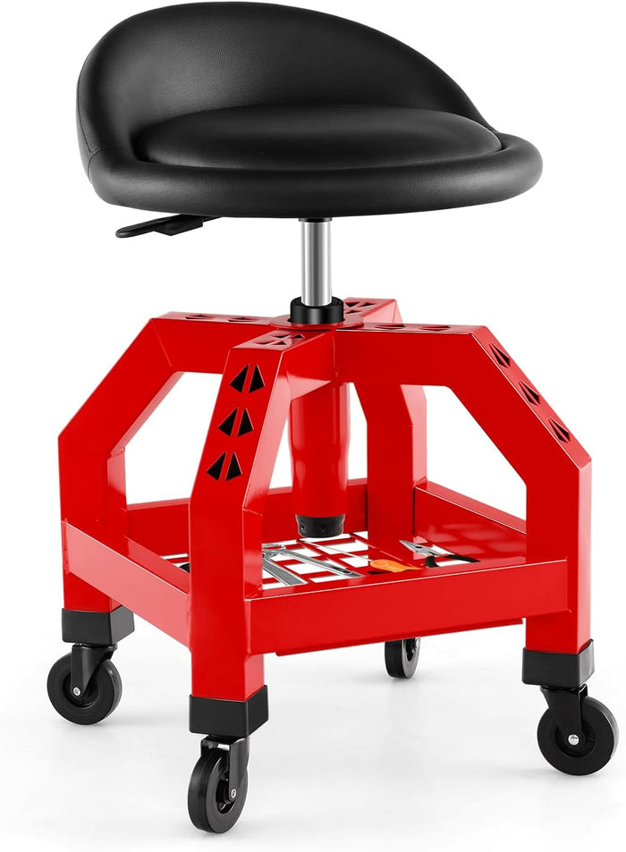 Sgabello da Officina, Sgabello Meccanico Rotante con Vassoio Porta Attrezzi, Regolabile in Altezza e 4 Ruote Universali, capacità di 150 kg, per Garage, Officina (Rosso)