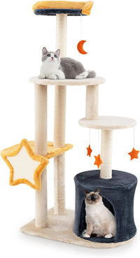 Tiragraffi per Gatti 128cm, Albero per Gatti da Interno, Torre Multi-Livello con Tiragraffi in Sisal, Gattiera, Piattaforma Superiore in Peluche e Giocattoli Appesi