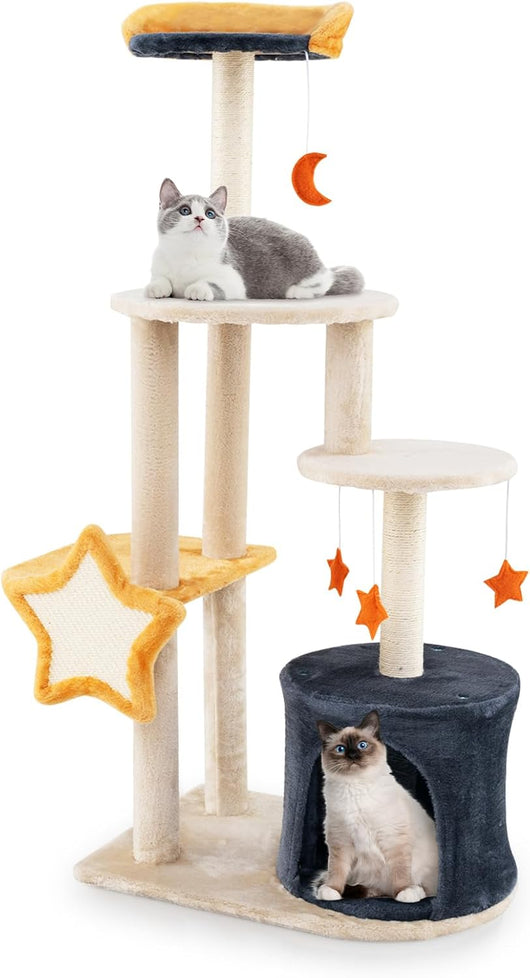 Tiragraffi per Gatti 128cm, Albero per Gatti da Interno, Torre Multi-Livello con Tiragraffi in Sisal, Gattiera, Piattaforma Superiore in Peluche e Giocattoli Appesi