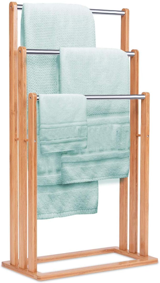 Portasciugamani in Bambù da Terra 46x24x84cm, Mobile Bagno con 3 Aste per Asciugamano in Acciaio Inox, Colore Naturale