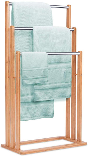 Portasciugamani in Bambù da Terra 46x24x84cm, Mobile Bagno con 3 Aste per Asciugamano in Acciaio Inox, Colore Naturale