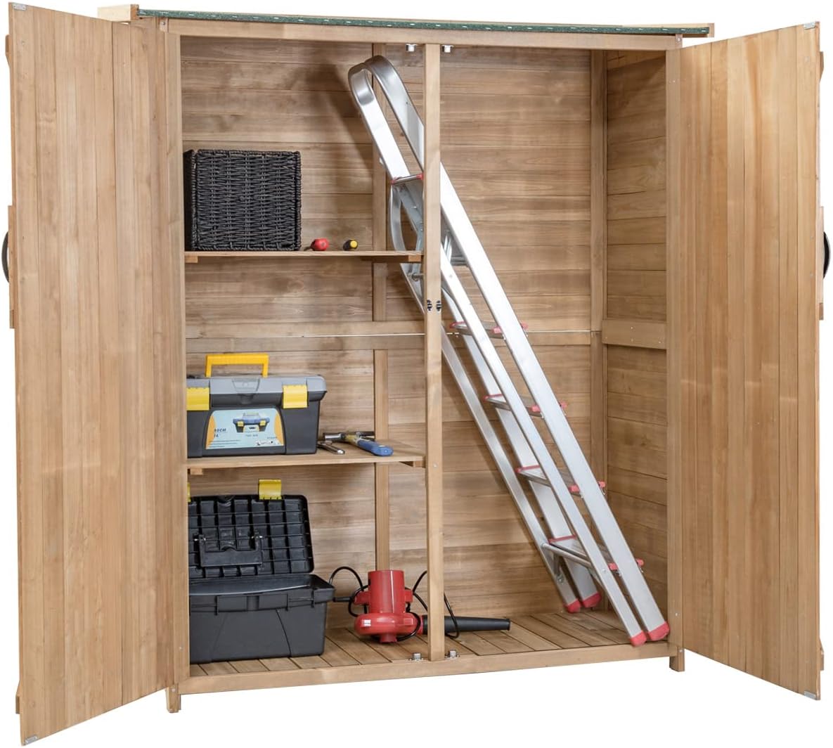 Capanno da Giardino, Ripostiglio da Esterno con 2 Porte e Ripiani, Casetta Porta Attrezzi in Legno con Serratura, 140 x 50 x 162 cm