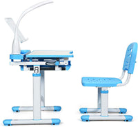 Set Sedia e Scrivania per Bambini Altezza e Angolo Regolabile e Multifunzionale, Con Cornice per la Lettura e Lampada di Protezione per gli Occhi Colore Disponibili: Blu/grigio/rosa (BLU)