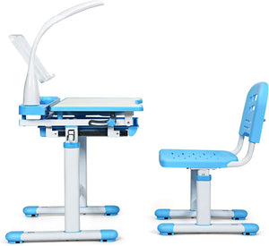 Set Sedia e Scrivania per Bambini Altezza e Angolo Regolabile e Multifunzionale, Con Cornice per la Lettura e Lampada di Protezione per gli Occhi Colore Disponibili: Blu/grigio/rosa (BLU)