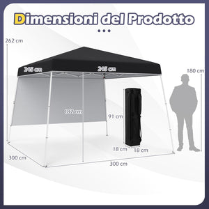 Gazebo Pop-up da Esterno 3 x 3 m, Gezebo Pieghevole con 1 Parete Laterale, Zaino Portatile e 4 Picchetti, Tendone Impermeabile e Resistente per Campeggio e Feste (Nero)