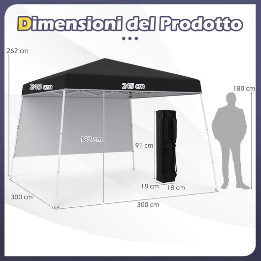 Gazebo Pop-up da Esterno 3 x 3 m, Gezebo Pieghevole con 1 Parete Laterale, Zaino Portatile e 4 Picchetti, Tendone Impermeabile e Resistente per Campeggio e Feste (Nero)