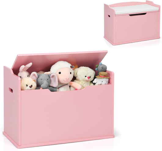 Cassapanca Portagiochi con Cuscino, Contenitore Porta Giochi in Legno, Cassa Panca per Bambini con Schienale e Cerniera di Sicurezza, per Cameretta, 74 x 39 x 52 cm (Rosa)