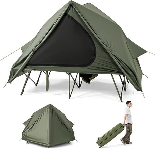 Tenda da Campeggio per 2 Persone, Tenda Impermeabile e Pieghevole con Tenda Pop-up, Letto da Campeggio, Borsa con Ruote, Telo Antipioggia, 2 Porte a Rete e Finestre per Spiaggia e Campeggio