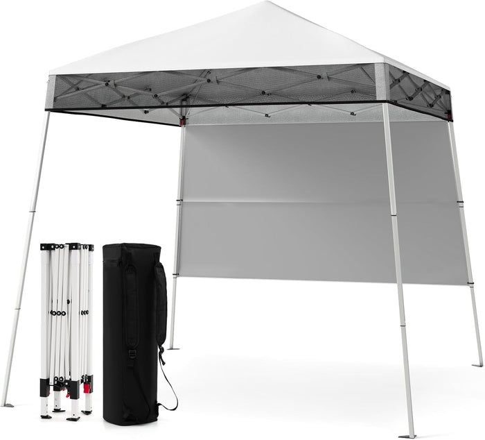 Gazebo Pop-up da Esterno 182 x 182 cm, Gazebo Pieghevole con 1 Parete Laterale, Gambe Inclinabili Regolabili e 4 Picchetti, Tendone Impermeabile per Feste, Campeggio e Picnic (Bianco)