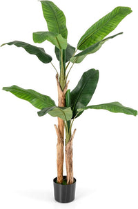 Albero di Banana Artificiale Alto 165/195 cm, Albero di Banana Finto con 10/27 Grandi Foglie, Steli Doppi/Triplici e Corteccia Naturale, Pianta in Vaso da Interno (165 cm)