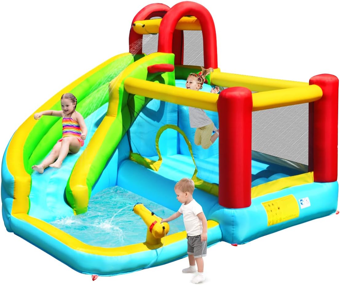 Castello Gonfiabile 6 in 1 per Bambini, Parco Acquatico con Trampolino, Parete di Arrampicata, Piscina, Scivolo, Cannone ad Acqua, Canestro Basket, Pallone e Borsa di Trasporto, 320x305x213cm