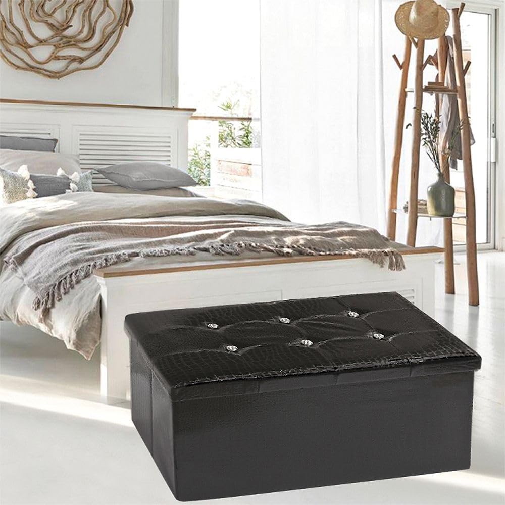 Cassapanca Contenitore Pouf Panca Poggiapiedi Similpelle Pelle Finta Coccodrillo 76x38x38 cm Nera