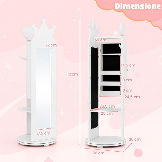 Armadio Portagioie per Bambini 36 x 36 x 112cm, Specchio da Terra a Forma di Corona con Ganci, Ripiani e Base Girevole, Toeletta per Cameretta (Bianco)