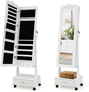 Armadio Portagioie da Terra con Ruote, Specchio Portagioie con Luci LED, Specchio a Figura Intera, Angolo Regolabile, Organizer per Gioielli (Bianco, 45 x 35 x 157 cm, Con Cassetto)