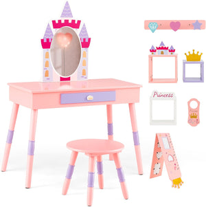 2 in 1 Set Toletta per Bambini con Sgabello e Specchio Rimovibile, Tavolo da Trucco con Molti Accessori e Cassetto, Specchiera Bambina a Tema Fiabesco, 74 x 39 x 101 cm (Rosa)