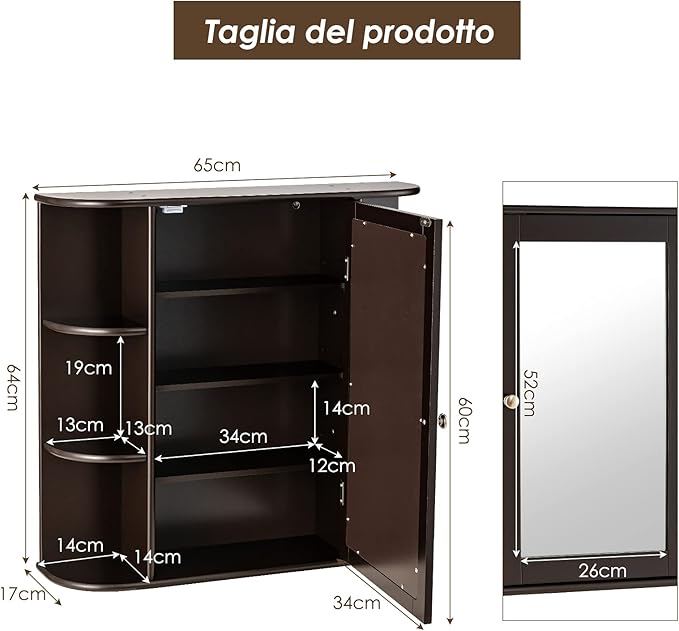 Armadietto del Bagno con Specchio, Armadietto di Legno Appeso con Mensole Regolabili, Armadietto dei Medicinali Multiuso per Bagno Salone Cucina (Marronre)