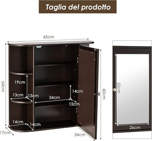 Armadietto del Bagno con Specchio, Armadietto di Legno Appeso con Mensole Regolabili, Armadietto dei Medicinali Multiuso per Bagno Salone Cucina (Marronre)