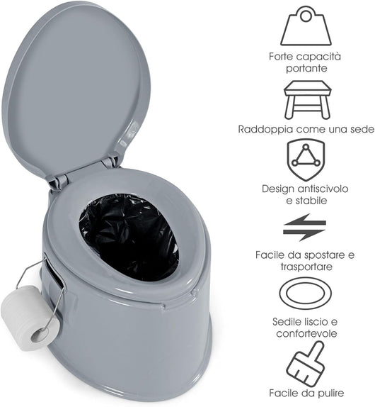 Toilette Portatile WC Chimico, WC da Viaggio Leggero con Secchio Interno Rimovibile,Water Portatile per Adulti e Anziani con Portarotolo, Supporto Carico 200 kg, 41 x 49 x 34 cm