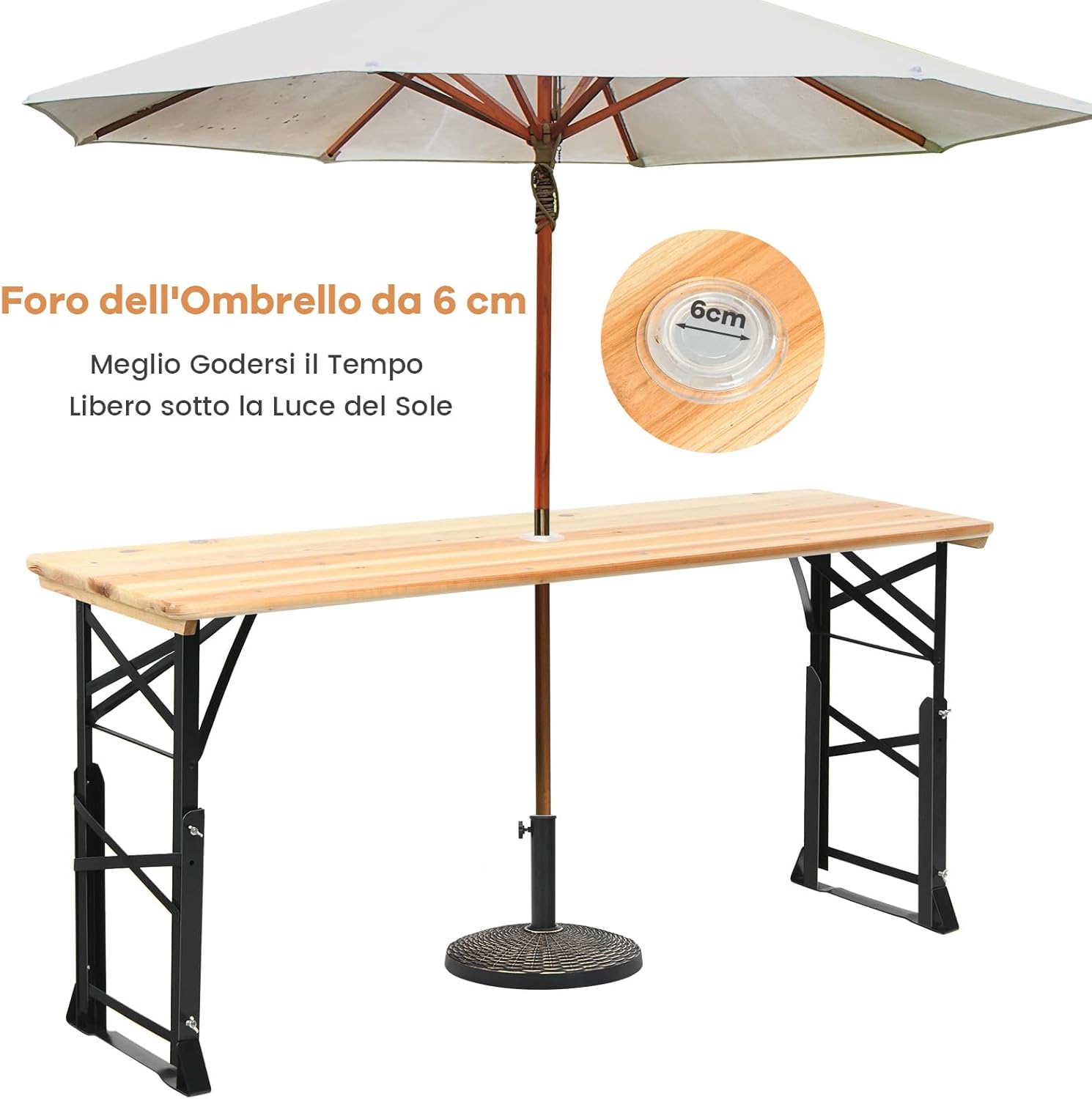 Tavolo da Picnic Pieghevole per Esterni da 168,5 cm, Tavolo da Campeggio in Legno con Altezza Regolabile, Tavolo per Birra con Foro per Ombrellone, 168,5 x 50 x 75/105 cm