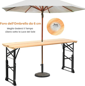 Tavolo da Picnic Pieghevole per Esterni da 168,5 cm, Tavolo da Campeggio in Legno con Altezza Regolabile, Tavolo per Birra con Foro per Ombrellone, 168,5 x 50 x 75/105 cm