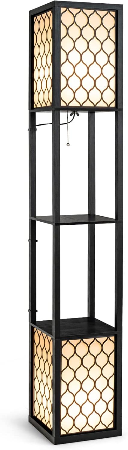 Lampada da Terra Design e Vintage, Lampada a Stelo da Terra con 2 Ripiani, Ideale per Camera da Letto, Soggiorno e Ufficio, 26 x 26 x 156 cm, Nero