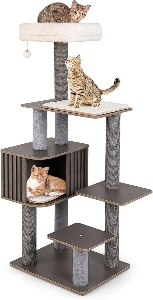 Albero per Gatti a 6 Livelli, Torre per Gatti Alta 151 cm con Condominio, Tappetini Removibili e Tiragraffi, Albero Tiragraffi per Arrampicata per Gattini in Legno con Palla Pompom Appesa