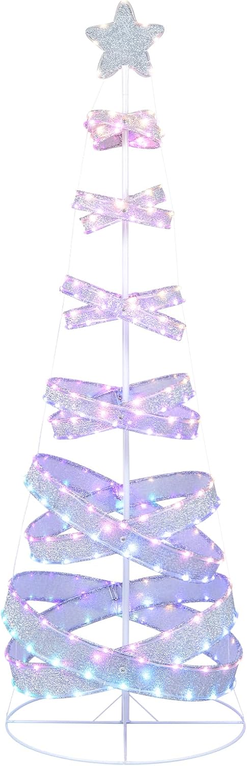 Albero di Natale a Spirale 210 cm, Albero di Natale con 341 luci a LED, Albero di Natale Artificiale a Cambiamento di Colore Pieghevole, per Feste, Cortile, Giardino, Portico, Prato