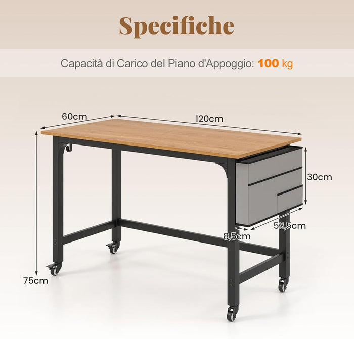 Scrivania per Ufficio e Casa, Scriviania con Ampio Piano e 4 Ruote Bloccabili, Scriviania per Computer di Metallo e Legno, 120 x 60 x 75 cm (Naturale)