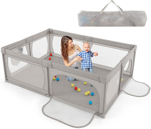 Recinto per Bambini con Materasso, Box per Bambini con Tappetino, Rete Traspirante e Apertura a Cerniera, Box Giochi con Borsa, 4 Impugnature e 50 Palline, per Bambibi 0-3 Anni (Grigio Chiaro)