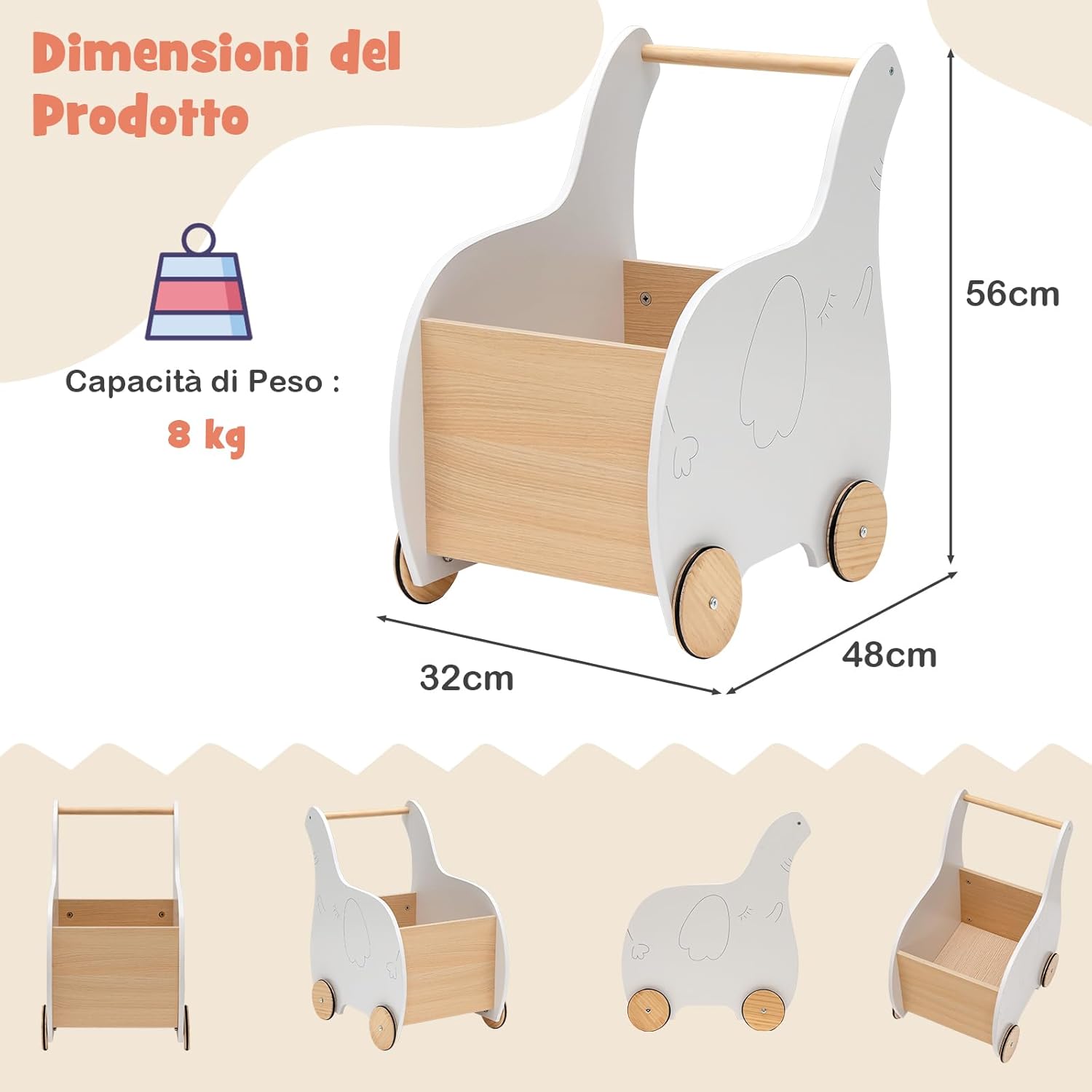 Carrellino Primi Passi per Bambini in Legno, Carrello Portagiochi Design 2 in 1 con Ruote in Gomma, Ideale per Bambini e Bambine con Età più di 3 Anni, 32 x 48 x 56 cm, Grigio (Bianco)
