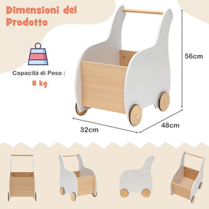 Carrellino Primi Passi per Bambini in Legno, Carrello Portagiochi Design 2 in 1 con Ruote in Gomma, Ideale per Bambini e Bambine con Età più di 3 Anni, 32 x 48 x 56 cm, Grigio (Bianco)
