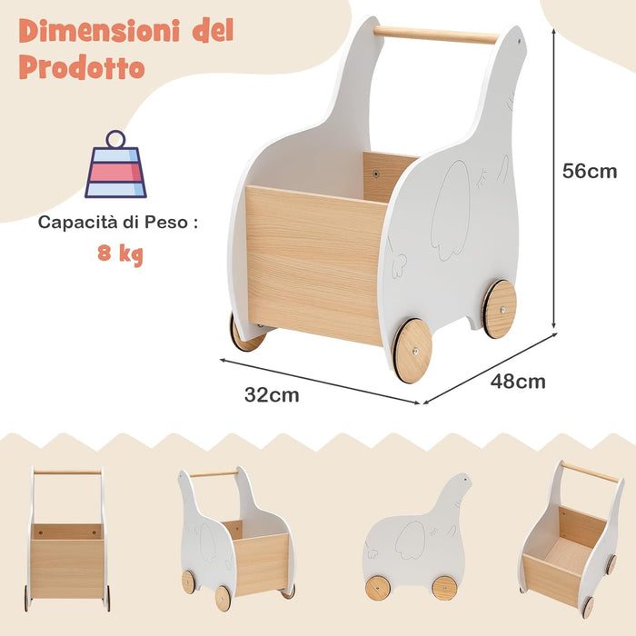 Carrellino Primi Passi per Bambini in Legno, Carrello Portagiochi Design 2 in 1 con Ruote in Gomma, Ideale per Bambini e Bambine con Età più di 3 Anni, 32 x 48 x 56 cm, Grigio (Bianco)