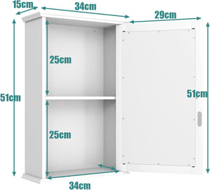 Armadio a Specchio da Bagno a 2 Ripiani, Armadietto Mobiletto per Bagno da Muro, Mensola Regolabile, 34 x 15 x 51cm (Bianco)