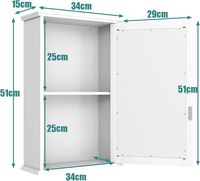 Armadio a Specchio da Bagno a 2 Ripiani, Armadietto Mobiletto per Bagno da Muro, Mensola Regolabile, 34 x 15 x 51cm (Bianco)