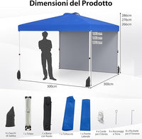 Gazebo Pieghevole 3 x 3 m, Gazebo da Esterno con Borsa con Ruote, Picchetti, Ancoraggi, Corde del Vento, Sacchi di Sabbia e Copertura Ventilata, Tendone Impermeabile per Feste (Blu)