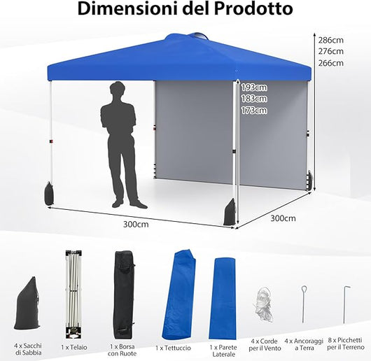Gazebo Pieghevole 3 x 3 m, Gazebo da Esterno con Borsa con Ruote, Picchetti, Ancoraggi, Corde del Vento, Sacchi di Sabbia e Copertura Ventilata, Tendone Impermeabile per Feste (Blu)