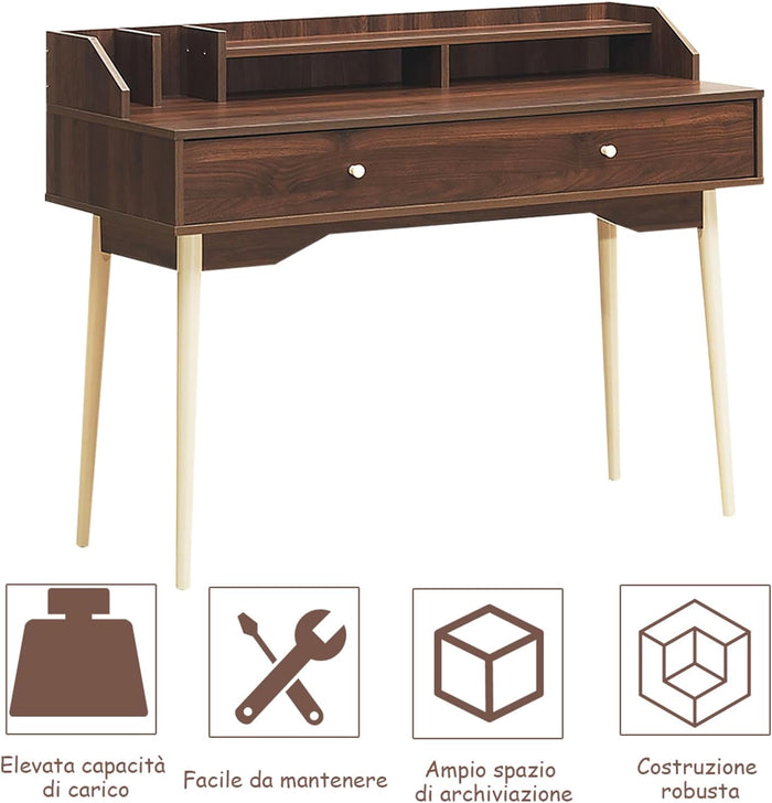 Scrivania con Cassetto, Tavolo per Casa e Ufficio con Gambe Resistenti in Legno di Gomma e 2 Scompartimenti, Ideale per Salone Studio Camera da Letto, 120 x 50 x 93 cm (Marrone)