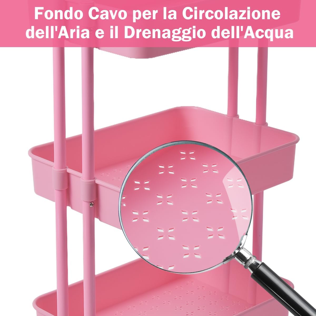 Carrello con 3 Cesti e Maniglia, Carrello Multifunzione con Ruote, Carrellino di Stoccaggio per Bagno Cucina e Ufficio, 87 x 35 x 42 cm (Rosa)