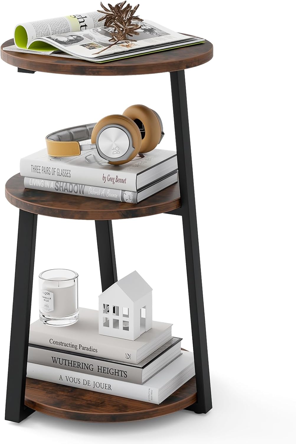 Tavolino Rotondo Industriale, Tavolino da Salotto a 3 Livelli con Struttura Metallica e Piedini Regolabili, Tavolino per Piccoli Spazi, da Soggiorno e Camera da Letto (1)