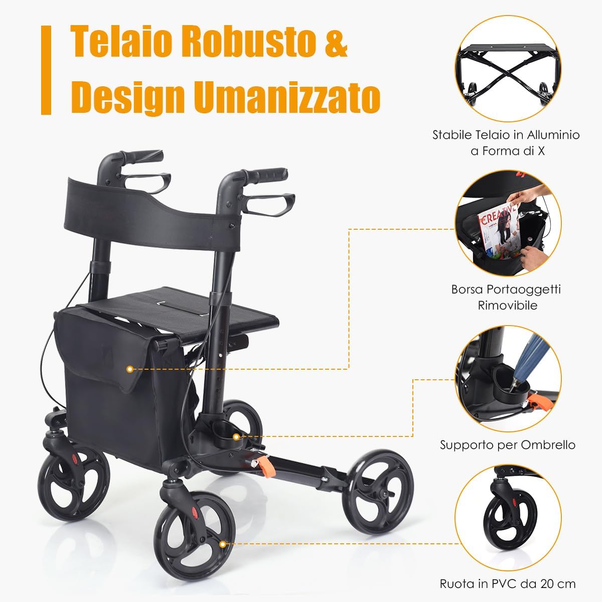 Deambulatore Pieghevole, Deambulatore per Anziani e Disabili a 4 Ruote, Rollator Medico in Alluminio Leggero con Sedile e Borsa, Portata Massima 136 kg