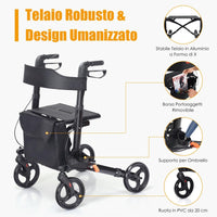 Deambulatore Pieghevole, Deambulatore per Anziani e Disabili a 4 Ruote, Rollator Medico in Alluminio Leggero con Sedile e Borsa, Portata Massima 136 kg