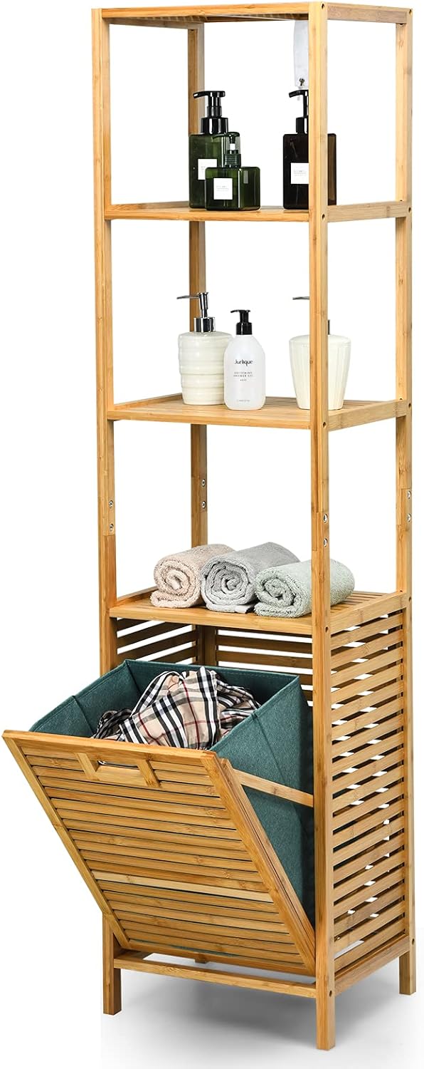 Cesto della Biancheria a Scomparsa per Bagno, Organizer Torre con Cesta di Bambù e 3 Mensole, Scaffale con Cesto per Bagno Camera da Letto