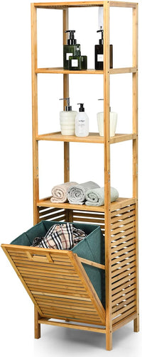 Cesto della Biancheria a Scomparsa per Bagno, Organizer Torre con Cesta di Bambù e 3 Mensole, Scaffale con Cesto per Bagno Camera da Letto