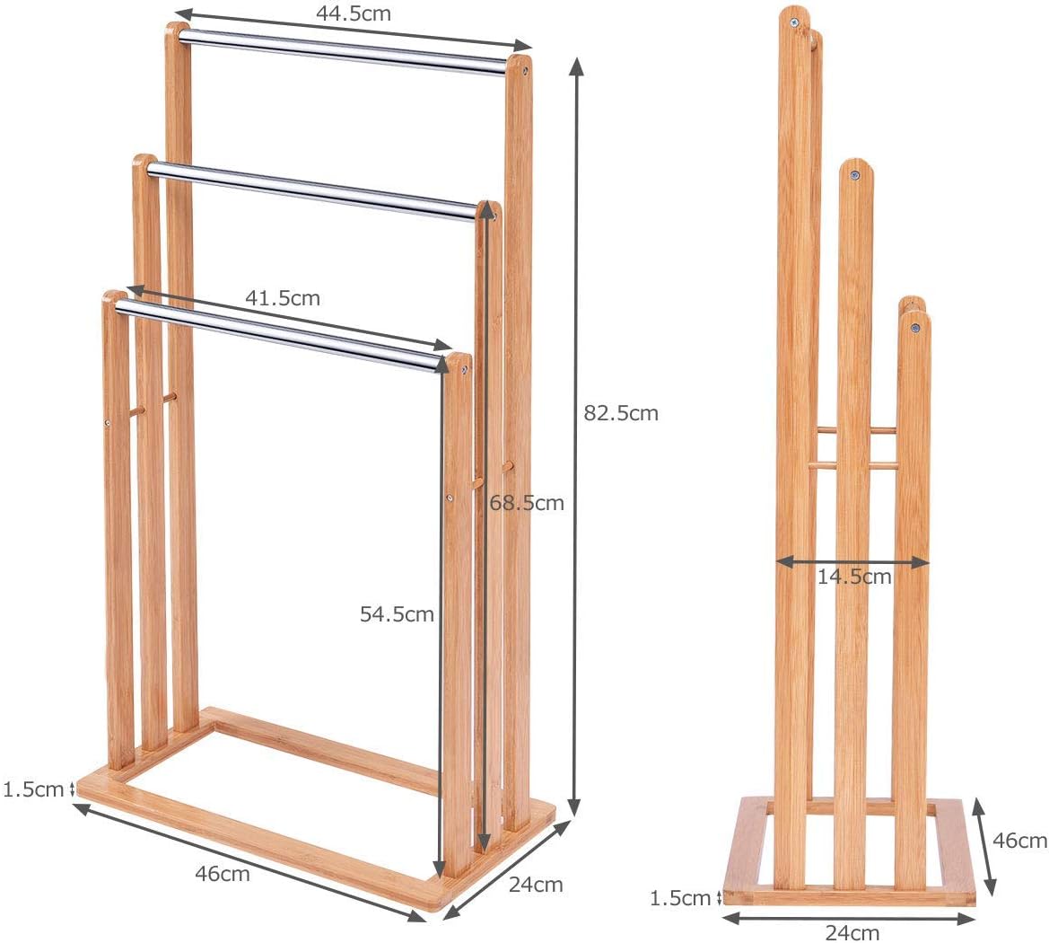 Portasciugamani in Bambù da Terra 46x24x84cm, Mobile Bagno con 3 Aste per Asciugamano in Acciaio Inox, Colore Naturale