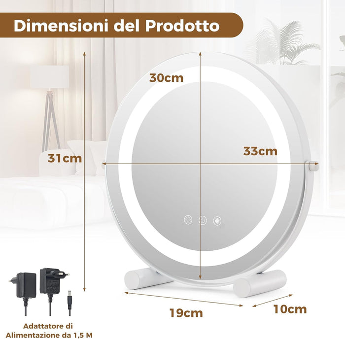 Specchio da Trucco con Luci, Specchio Rotondo con Luminosità Regolabile a 3 Colori, Controllo Tattile Intelligente, Rotazione a 360° e Funzione di Memoria, 30 CM