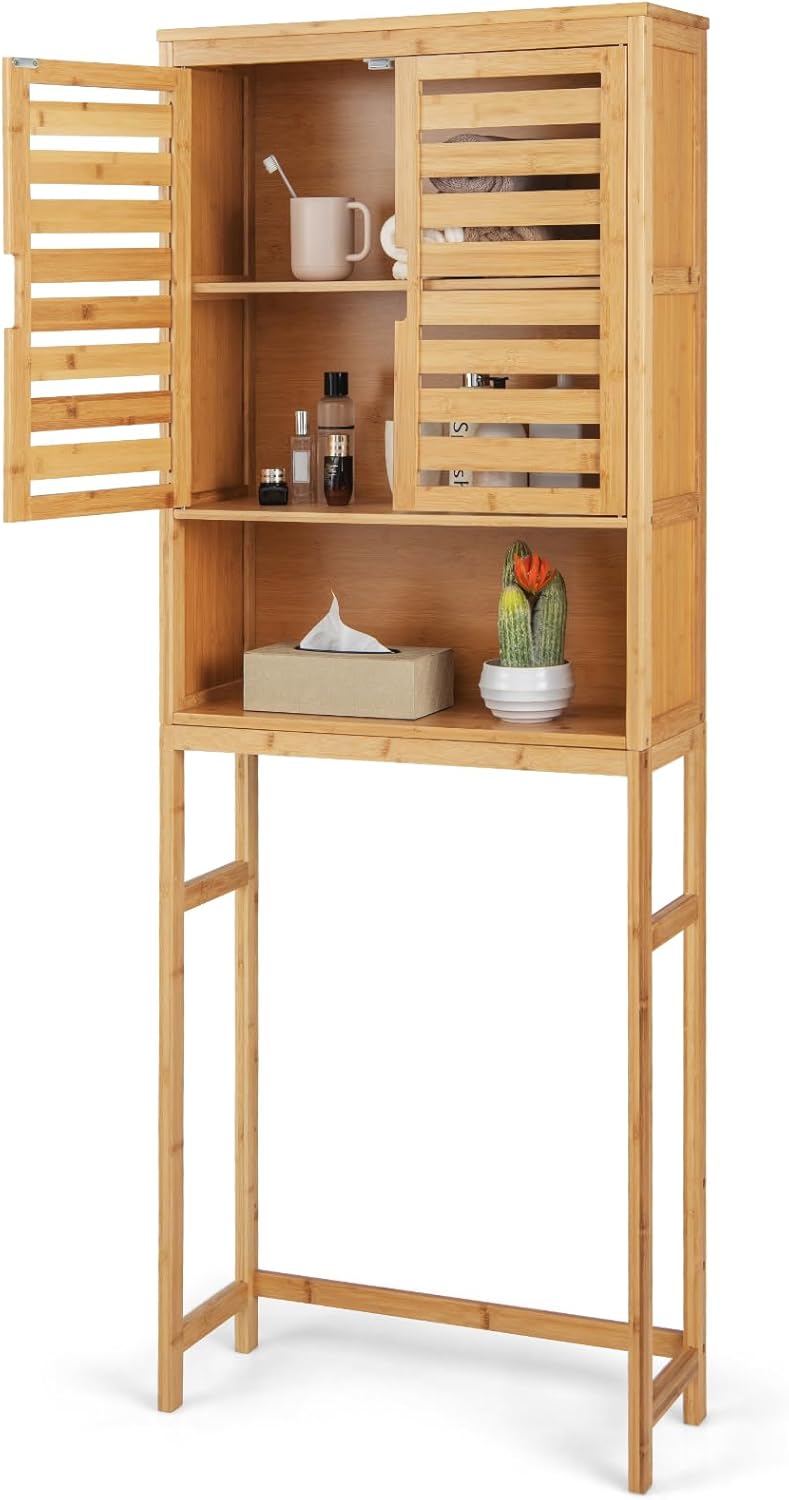 Scaffale Bagno in Bambù 170cm sopra WC, Mobile Bagno Salvaspazio con 2 Porte e Mensola Aoerta, Organizzatore sopra Gabinetto per Lavanderia, Naturale