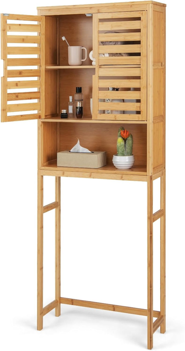 Scaffale Bagno in Bambù 170cm sopra WC, Mobile Bagno Salvaspazio con 2 Porte e Mensola Aoerta, Organizzatore sopra Gabinetto per Lavanderia, Naturale