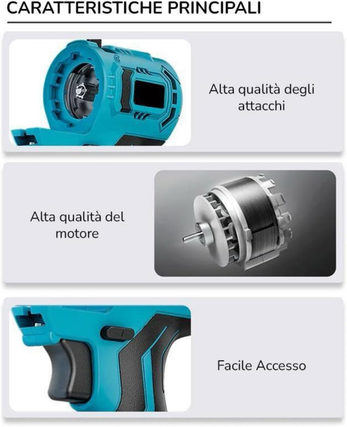 Kit Completo Professionale Fai da Te, 5 in 1 con Teste Intercambiabili, Trapano, Avvitatore, Mini Motosega, Soffiatore con 2 Batterie 48V